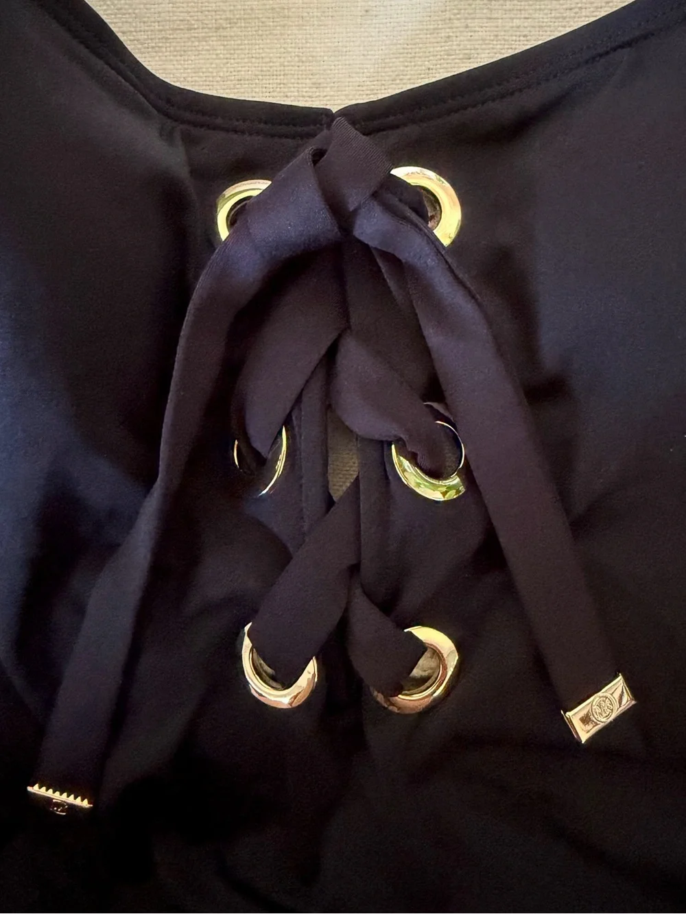Michael Kors One Piece Front Lace-Up Low Scoop Back Black/Gold Swimsuit, Size 6